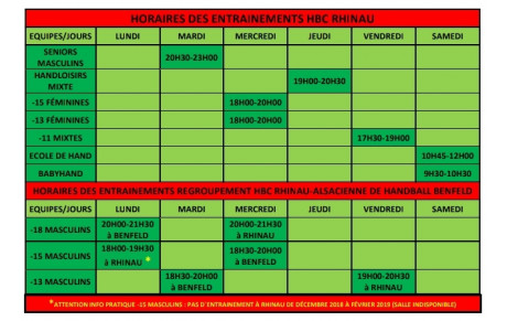 Horaires des entraînements de nos équipes seniors et jeunes 