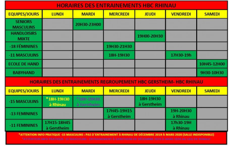 Horaires de nos entrainements pour 2019/2020